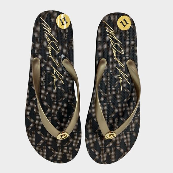 Michael Kors Jet Set Womens 11 Brown Flip Flops Gold Sandals Beach PVC Signature - Picture 10 of 12
